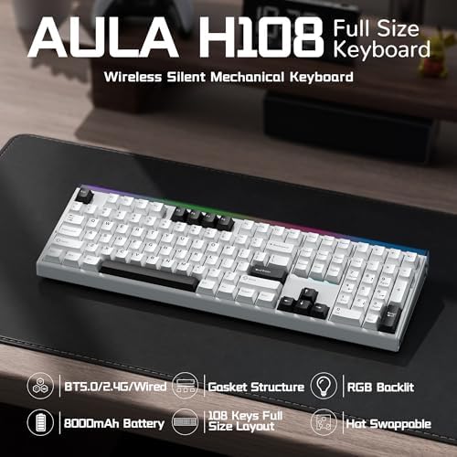 Aula H108 - Teclado mecánico inalámbrico, teclado silencioso intercamb - Imagen 3