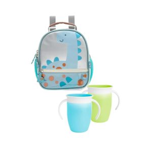 Bts Mochila Termica Dino Gris +2Vasos Miracle Azul/Verde