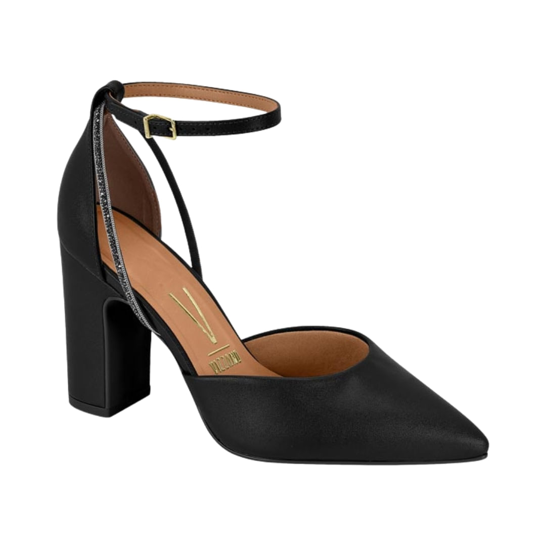Stiletto Taco Grueso Con Tira Al Tobillo 10 Cm Con Brillo Negro Mujer