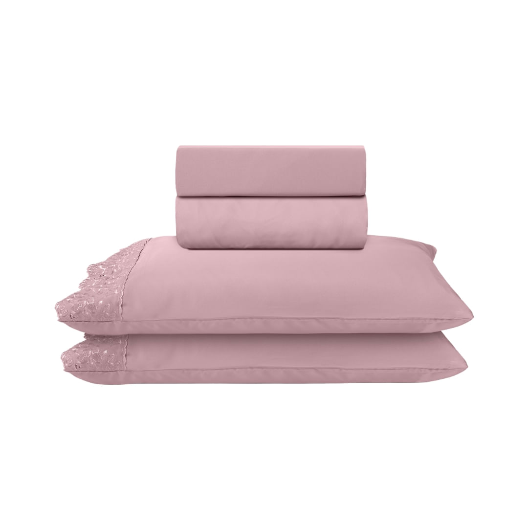 Juego De Sábana Casal 4 Piezas Con Bordado Sonata Milka Rosa Bouton