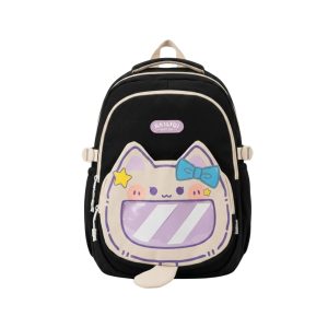 Mochila Diseño De Gato Con Detalles En Crema / Negro Escolar