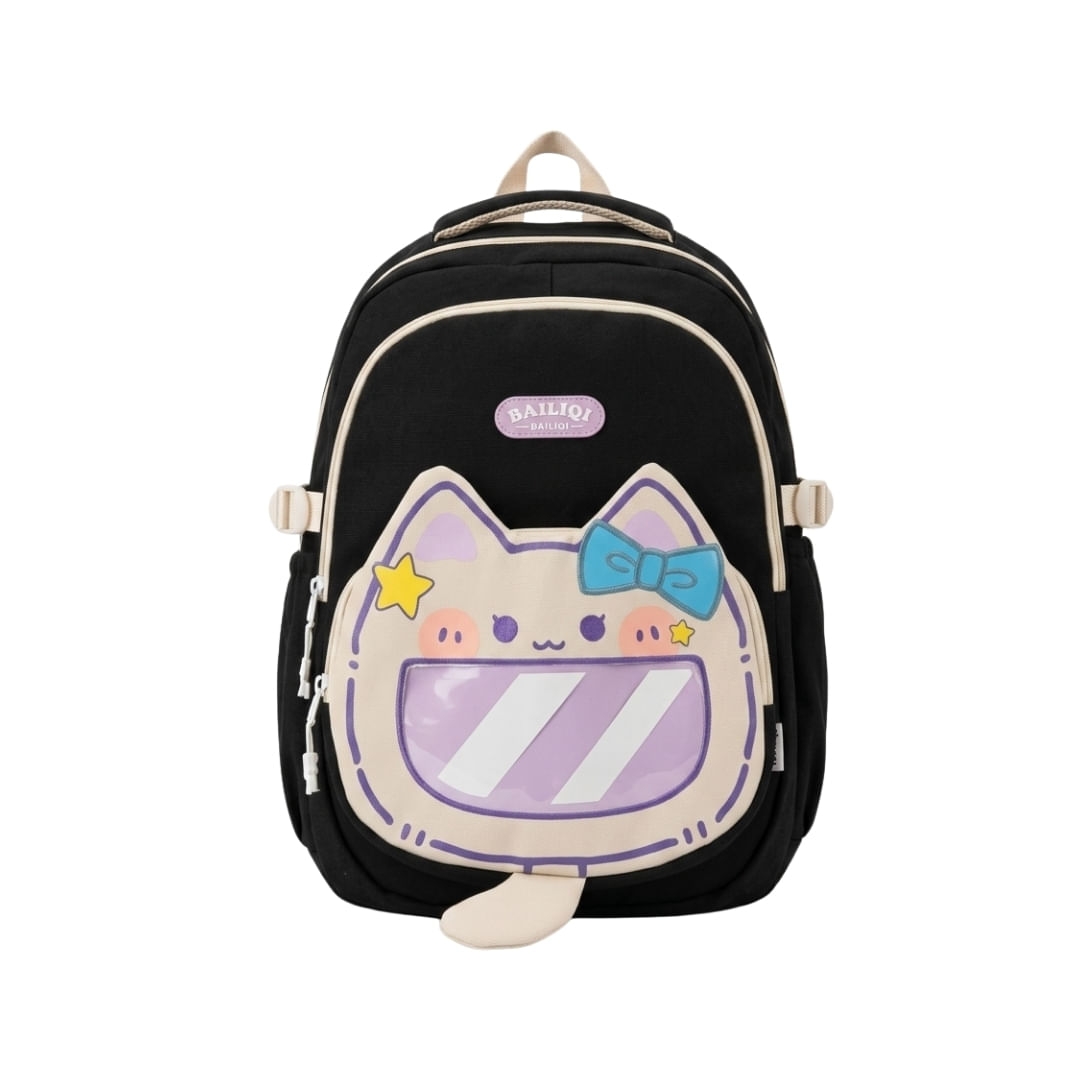 Mochila Diseño De Gato Con Detalles En Crema / Negro Escolar