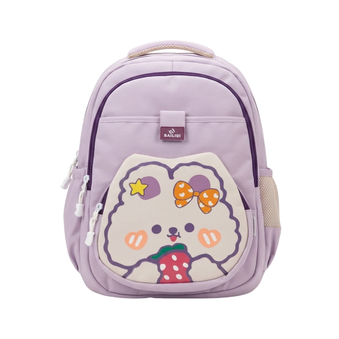 Mochila Grande Con Diseño Frontal De Oso Comiendo Fresa Violeta
