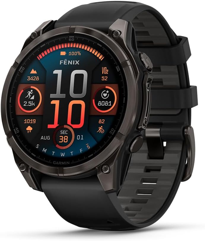 Garmin fēnix® 8, Zafiro, 1.850 in, DLC Titanio, Negro/Gris Guijarro