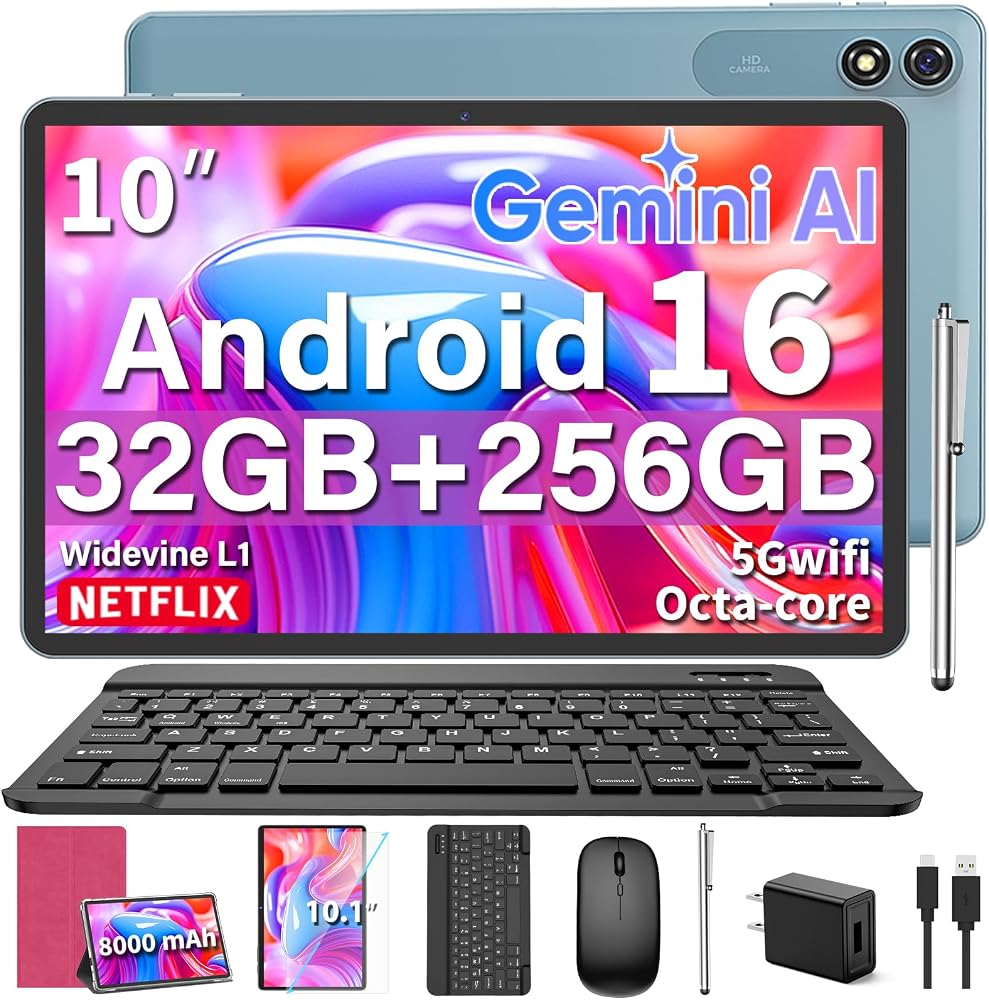 Tablet Android 16 con teclado - Tablet de 10 pulgadas, 32GB+256GB+2TB