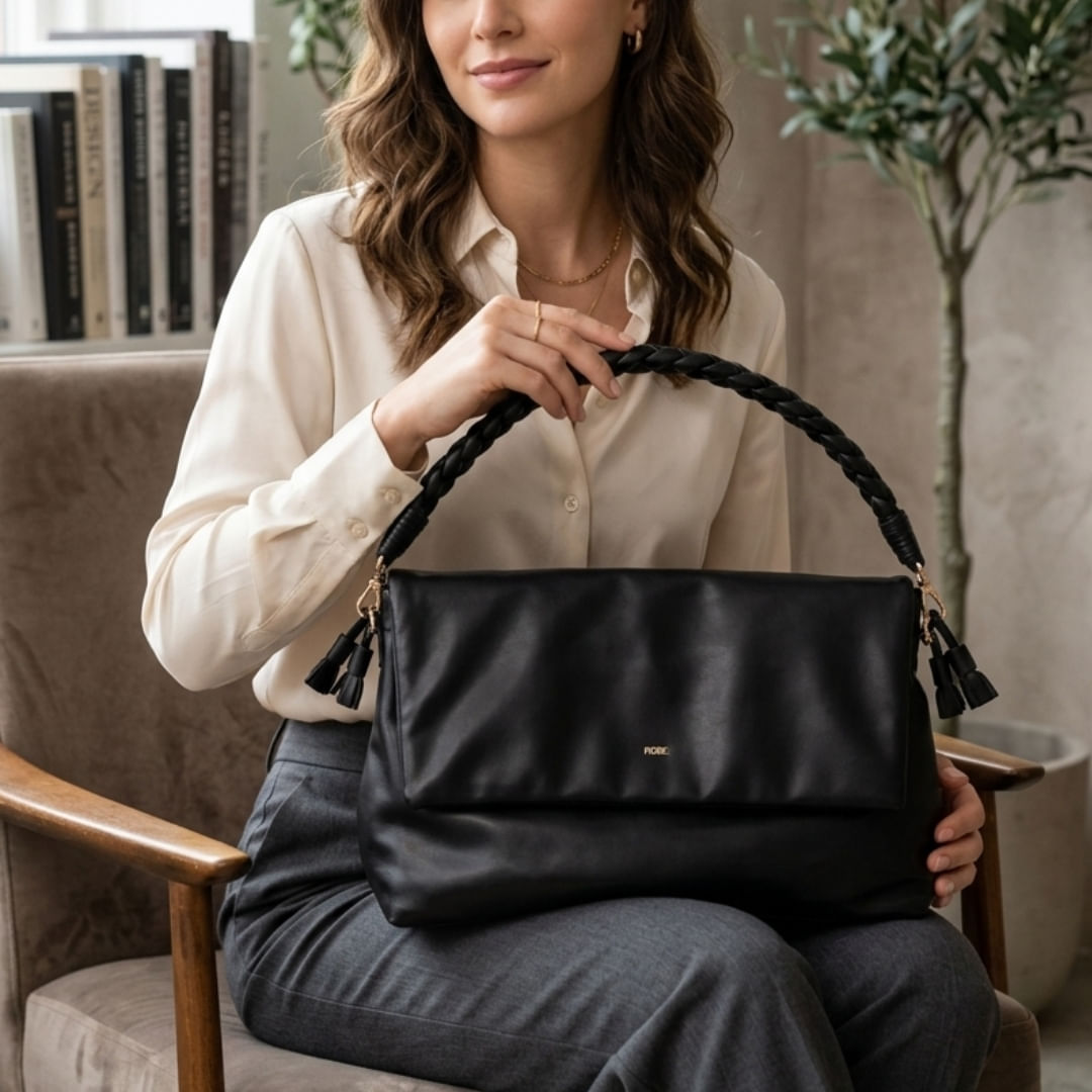 Cartera De Hombro Bolsa Asa Trenzada Borlas Negro Mujer Fiore - Image 2